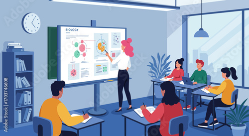 Biology classroom with teacher explaining diagram on interactive whiteboard to students, concept for educational presentation, scientific research and knowledge sharing