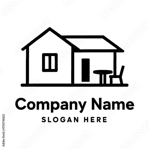 Minimalist line art house logo featuring a home with a porch, table, and chair. Clean, modern design perfect for real estate, property management, home services, architectural firms, residential devel