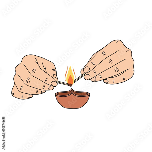 A simple vector illustration of two hands sharing a flame, lighting one matchstick from another over a traditional clay diya lamp
