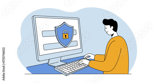 Illustration of a man using computer protected with shield and padlock for secure login interface, concept for network security, data encryption and confidential access authentication