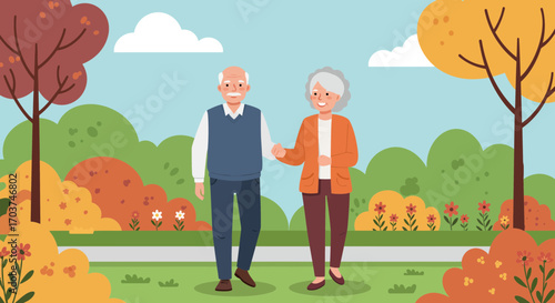 Elderly couple walking hand-in-hand in a park with autumn foliage and a serene atmosphere, concept for retirement living, senior wellness and family togetherness