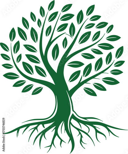 Green tree with spreading roots and leafy branches in vector style, growth, nature, and sustainability. Perfect for friendly, wellness, and organic brand designs. Ideal for logos, post
