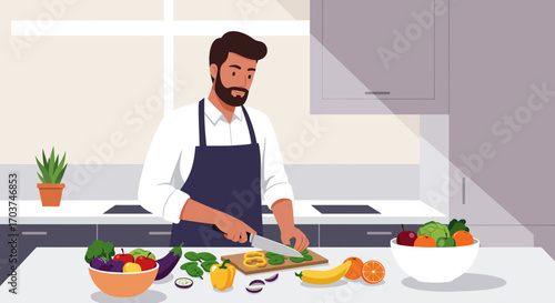 Bearded man in apron cutting fresh vegetables on wooden board in kitchen interior, concept for healthy eating promotion, vegetarian cookbook illustration and culinary blog post material