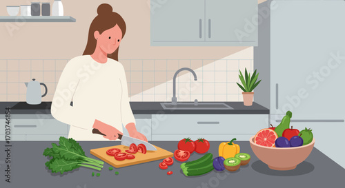 A woman is cutting tomatoes on a cutting board in a modern kitchen setup with fresh produce, concept for healthy eating, culinary inspiration and wellness lifestyle