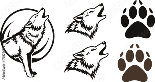 Vector set of howling wolf heads and paw print silhouettes in black and brown, perfect for wildlife, outdoor, and adventure designs. Ideal for logos, tattoos, mascots, and nature themes. Great for 