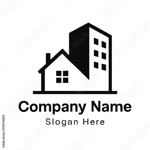 Modern Real Estate & Property Development Logo Design Featuring a Distinctive Black Silhouette of a Residential House and a Commercial Building, Ideal for Realty, Construction, and Urban Planning Firm