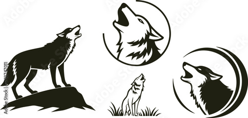 Wolf silhouette collection with howling poses, circular icons, and wild nature elements wilderness and strength. Perfect for wildlife logos, outdoor branding, and adventure artwork. Ideal 