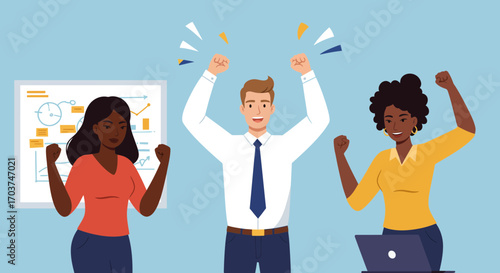 Diverse group of office workers celebrating success with arms raised in a team meeting, concept for successful project completion, business growth and corporate achievement