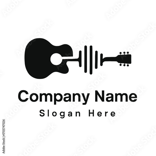 Black acoustic guitar logo with integrated sound wave equalizer. Ideal for music production, recording studios, instrument brands, audio engineering. Professional, modern, creative, and harmonious vis