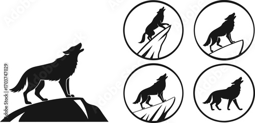 Wolf silhouette set with howling poses on rocks and circular icons, wilderness, strength, and wildlife spirit. Perfect for logos, posters, branding, and outdoor adventure projects. Ideal