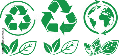 Green recycle icons with earth, arrows, and leaves promoting sustainability and environmental conservation. Perfect for posters,campaigns, and zero waste lifestyle projects. Ideal for design,