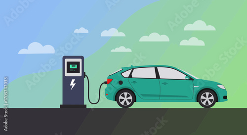 Green electric car is plugged into a charging station under cloudy sky, concept for green energy solutions, sustainable transportation and eco-friendly lifestyle