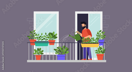 A bearded man is watering plants in pots on a balcony garden, showing care and growth, concept for urban gardening, home decoration and relaxation