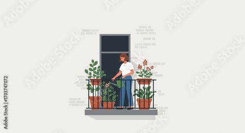 Young woman tending plants on her balcony, using a watering can with potted plants around the balcony's iron railing, concept for urban gardening, home decor and relaxation activities