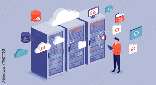 Isometric vector illustration showing a man interacting with cloud server racks and associated data flows. Concept for cloud computing infrastructure, database management and network administration
