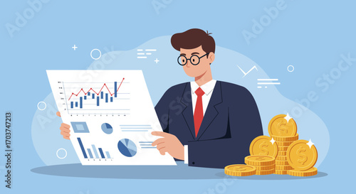 Man analyzing business report with chart, diagram and stacks of coins on light blue background, concept for financial planning, investment analysis and business success