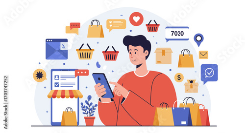 Illustration of a man using a smartphone surrounded by online shopping icons and elements, concept for e-commerce solutions, mobile application design and digital marketing strategy