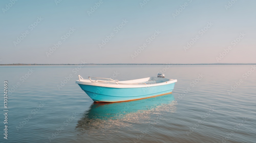 Naklejka premium Tranquil Blue Boat Floating on Calm Water During Sunset, Serene Landscape with Soft Reflections, Peaceful Nature Scene for Relaxation and Inspiration