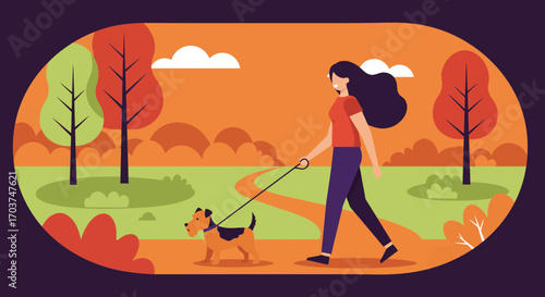 Illustration of a woman walking a dog on a path in a park with trees and clouds. Concept for outdoor activity, healthy lifestyle and autumn themed design