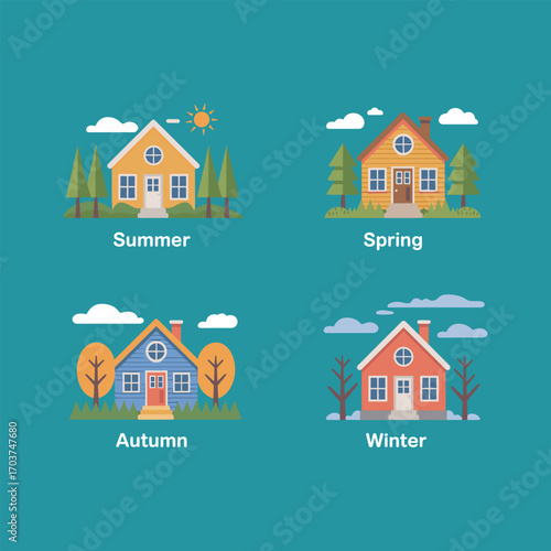 Four houses depicting the four seasons of Summer Autumn Winter Spring vector illustration.