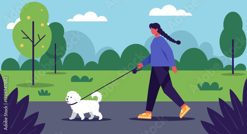 Cartoon style woman walking a white poodle dog on park path with greenery background. Concept for dog care services, outdoor leisure activity and veterinary services