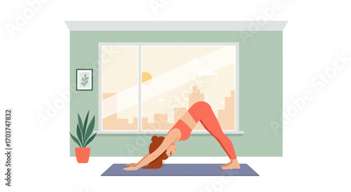 Woman doing downward dog pose on a yoga mat in a bright, modern room with a city view, concept for healthy lifestyle, relaxation and fitness illustration