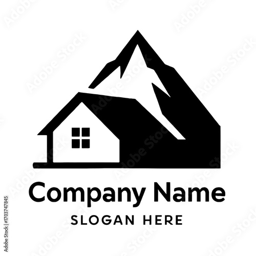Black and white logo featuring a house integrated into a mountain. Ideal for real estate, property development, mountain homes, adventure lodging, nature retreats, and construction services. Symbolize