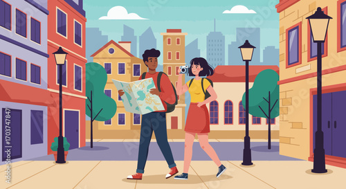 Cartoon couple exploring city with map and camera, colorful cityscape background, concept for urban adventure, sightseeing tours and vacation travel illustration
