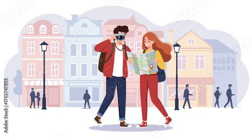Traveling couple exploring city with map and camera against colorful urban street background, concept for city tour promotion, tourism advertising and travel destination guide design