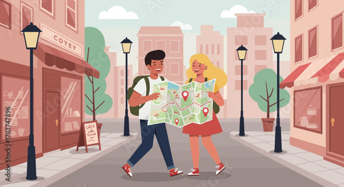 Couple looking at city map with buildings and lampposts, concept for travel planning, discovering new places and urban exploration