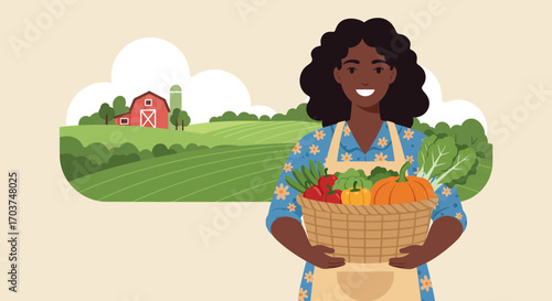Smiling woman holds wicker basket full of fresh vegetables with farm backdrop, concept for sustainable agriculture, organic farming and local food movement