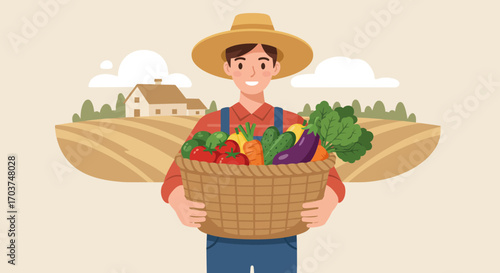 Smiling farmer in a straw hat holding a basket full of fresh vegetables on a farm background, concept for farm-to-table initiatives, local food promotion and agricultural education