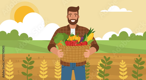 Smiling farmer carrying a basket full of fresh vegetables like broccoli, corn and tomatoes in field. Concept for healthy lifestyle, organic farming and agriculture product promotion