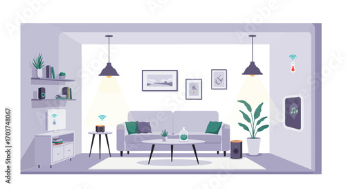 Cozy living room with smart home devices showcases connected lifestyle and modern apartment design, concept for home automation, innovative technology and comfortable environment