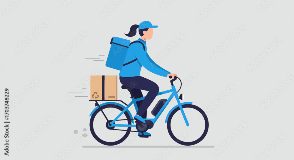 Fototapeta premium Illustration of a woman delivering a package by electric bicycle, wearing a cap and carrying a delivery box. Concept for eco-friendly transportation, express delivery and courier services