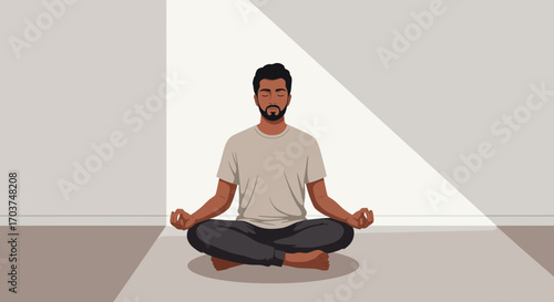 Man in lotus position meditating under a beam of light in a room, concept for mindfulness practice, stress reduction and spiritual wellness