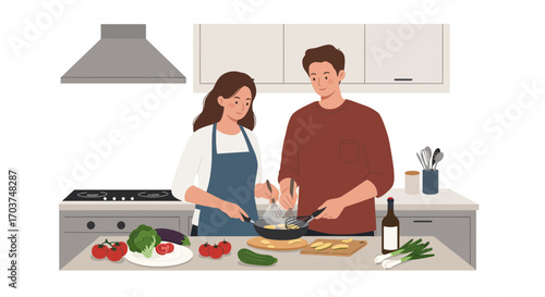 Young couple cooking together in a bright kitchen preparing healthy meals with fresh vegetables, concept for culinary blog, family meal preparation and cooking class promotion