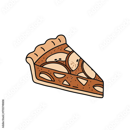A simple hand-drawn illustration of a delicious slice of traditional apple pie with a lattice crust, isolated on a white background for design