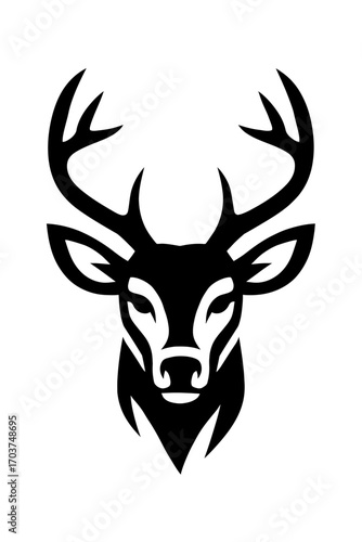 Majestic black and white stylized deer head logo featuring elegant antlers, a minimalist forest animal emblem perfect for powerful branding, nature-themed designs, outdoor adventure apparel, and wildl