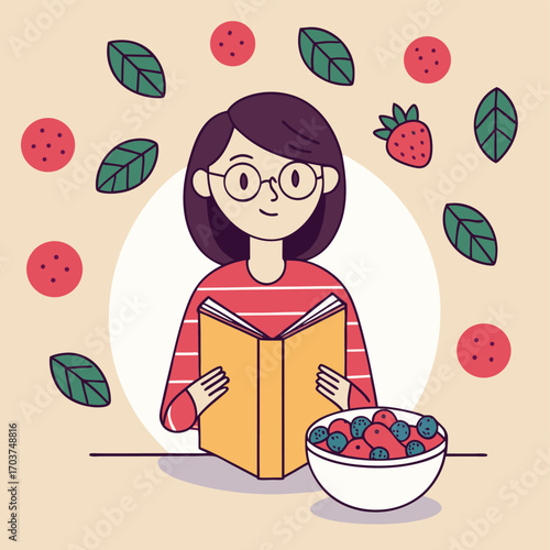Vector art of a young woman wearing glasses reads a book while surrounded by fruits and leaves, with a bowl of berries in front of her