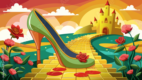 very beautiful  A high-heeled shoe, adorned with roses, encloses a yellow brick road leading to a castle within its translucent structure. Poppies bloom outside the shoe.