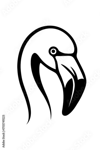 Elegant minimalist black and white vector illustration of a flamingo's head and neck, with distinct curved beak and eye. Perfect for modern logos, wildlife art, tropical themes, and graphic designs.