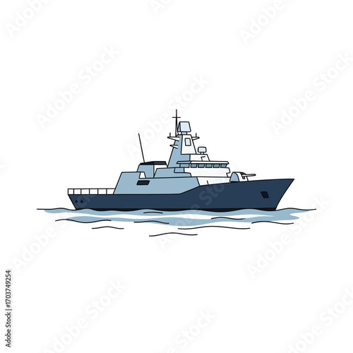 Naval combat vessel illustration showing a modern military frigate sailing on the open sea for maritime patrol and defense