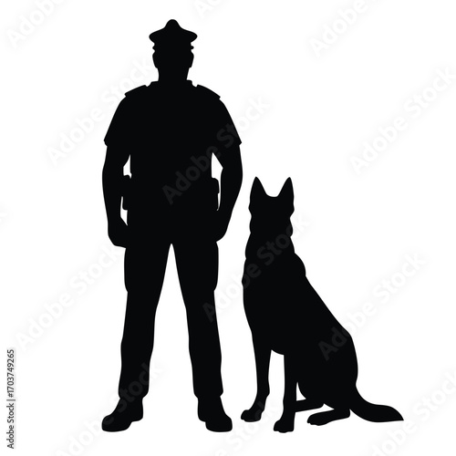 Black Silhouette of Police Officer with Dog Standing Side by Side