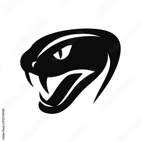 Striking black silhouette logo of an aggressive snake head, featuring sharp fangs, an open mouth with a flicking tongue, and a fierce, piercing eye, perfect for powerful branding, sports mascots, gami