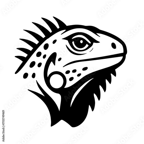 Bold Black and White Stylized Iguana Head Vector Art Illustration, a Striking Modern Minimalist Reptile Logo Design. Ideal for Exotic Animal Enthusiasts, Wildlife Brands, Apparel Graphics, Unique Merc