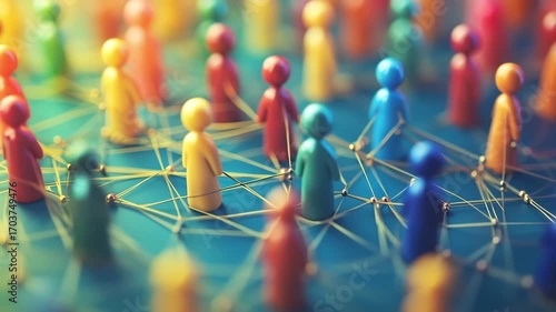 Colorful wooden figures connected by a network of golden lines symbolizing global communication and teamwork