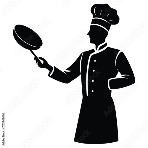 Chef Silhouette Holding Frying Pan in Kitchen Ready to Cook Culinary Delights