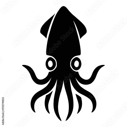 Striking minimalist black squid icon, a sleek and stylized cephalopod silhouette perfect for marine-themed designs, ocean creature logos, seafood branding, or an aquatic animal vector graphic, offerin