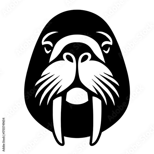 Bold black and white stylized walrus head vector illustration, featuring prominent tusks and characteristic whiskers, ideal for logos, icons, and graphic design. This iconic arctic marine mammal symbo
